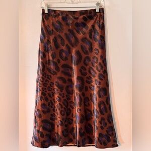 Olivaceous Satin Leopard Print Midi Skirt Medium Brown Slip Skirt Y2K